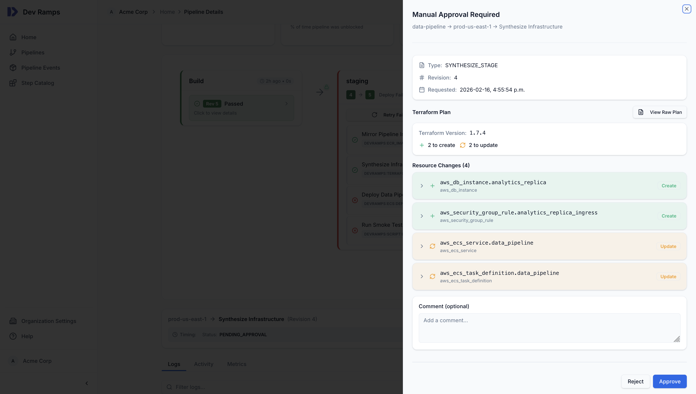 Manual approval workflow showing Terraform plan with resource changes, approve and reject buttons