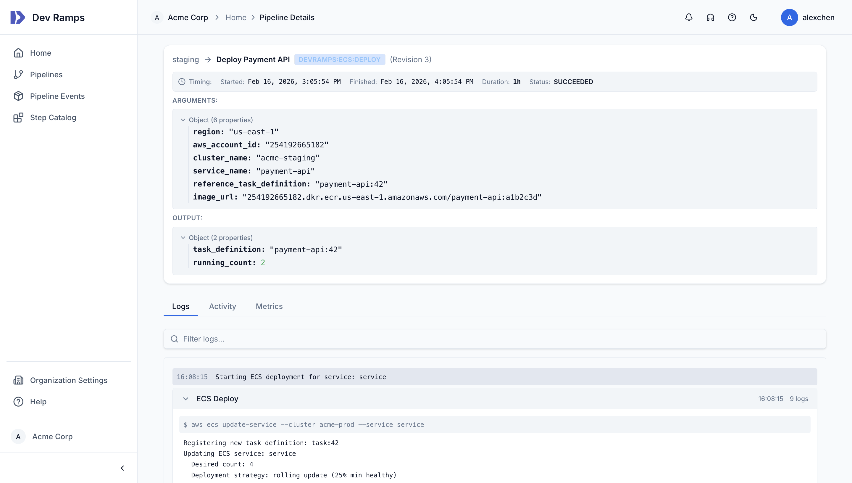 Step detail view showing ECS deployment with arguments, output, and real-time logs